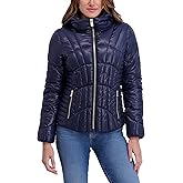 kensie womens Outerwear Mid-length Hooded Puffer Jacket With Corset Seam Detailing