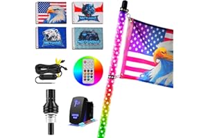 MICTUNING 1pc 4ft Spiral LED Whip Light with 4 Flags, RF Remote Control, RGB Chasing Lighted with Rocker Switch, Whip Light for UTV ATV Polaris RZR Can-Am SXS Trucks Dunes