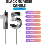 TOYVENTURES 3D Number Birthday Candles 15 Black Smokeless Safe Cake Topper view 2
