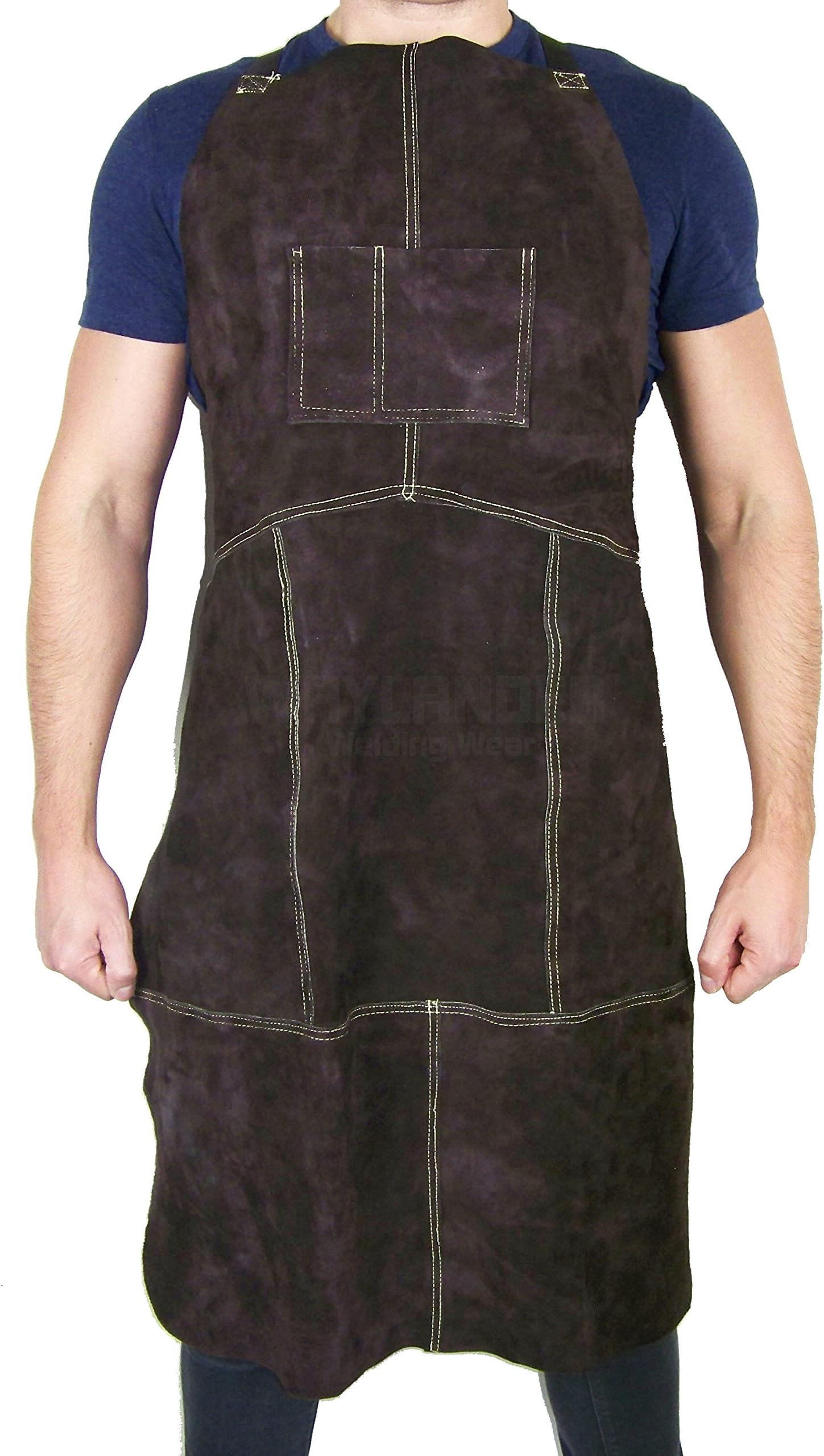 Waylander Leather Welding Apron Flame Resistant Heavy Duty Bib 40" Dark Brown with Adjustable Crossed Back Straps and Pocket