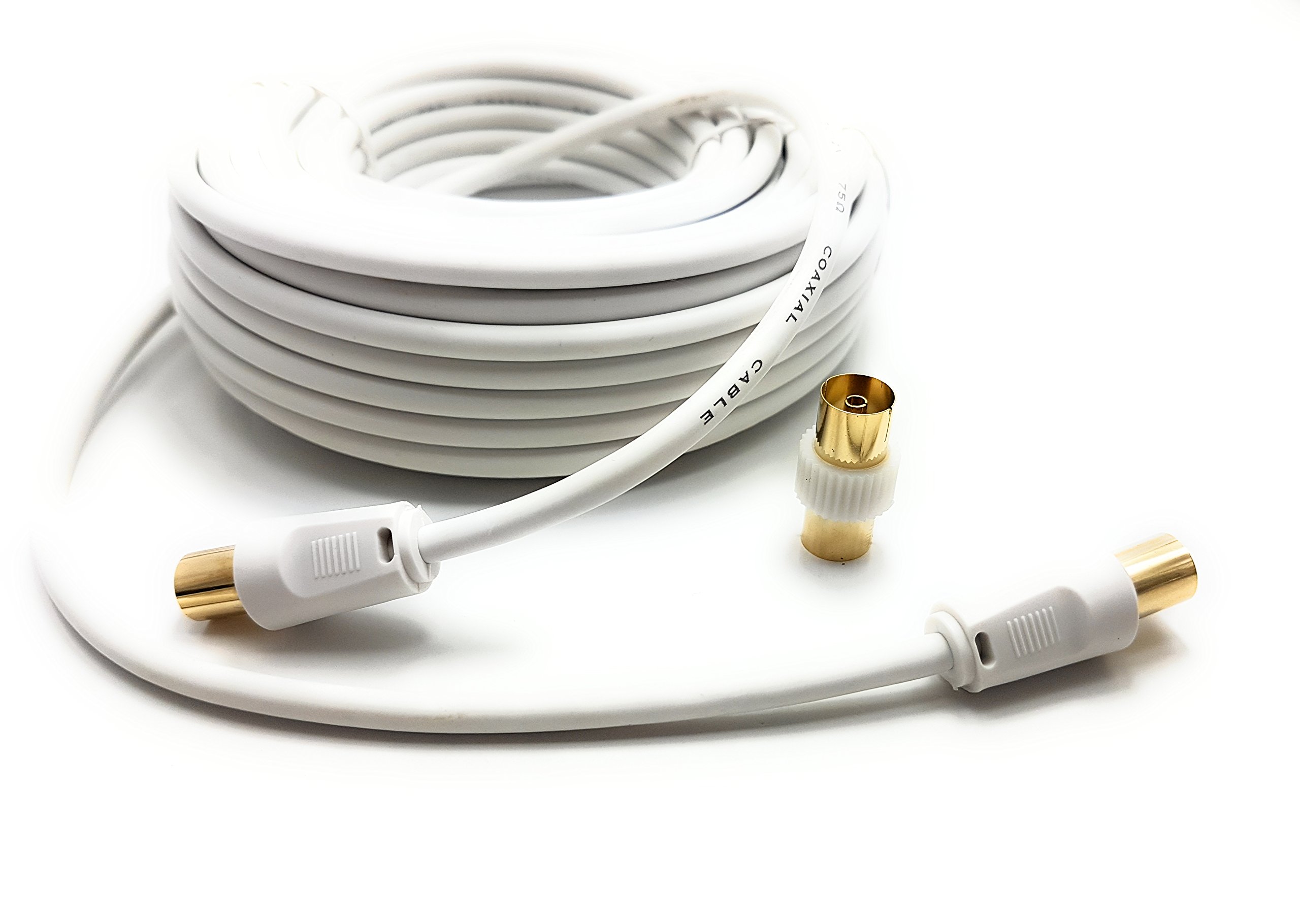 MainCore 15m Long White Gold Plated RF TV Freeview Plug to Plug White Aerial Antenna Lead Cable with Coupler (15m)