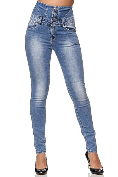 JillyMode hochwertige Damen High Waist Stretch Hose Skinny I Schwarz I Weiß I Grau Gr.34 bis Gr.48