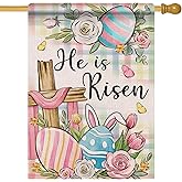 Artofy Christian He is Risen Easter Eggs Large Decorative House Flag, Religious Cross Flower Floral Yard Garden Outside Decor, Spring Plaid Farmhouse Burlap Outdoor Home Decoration Double Sided 28x40