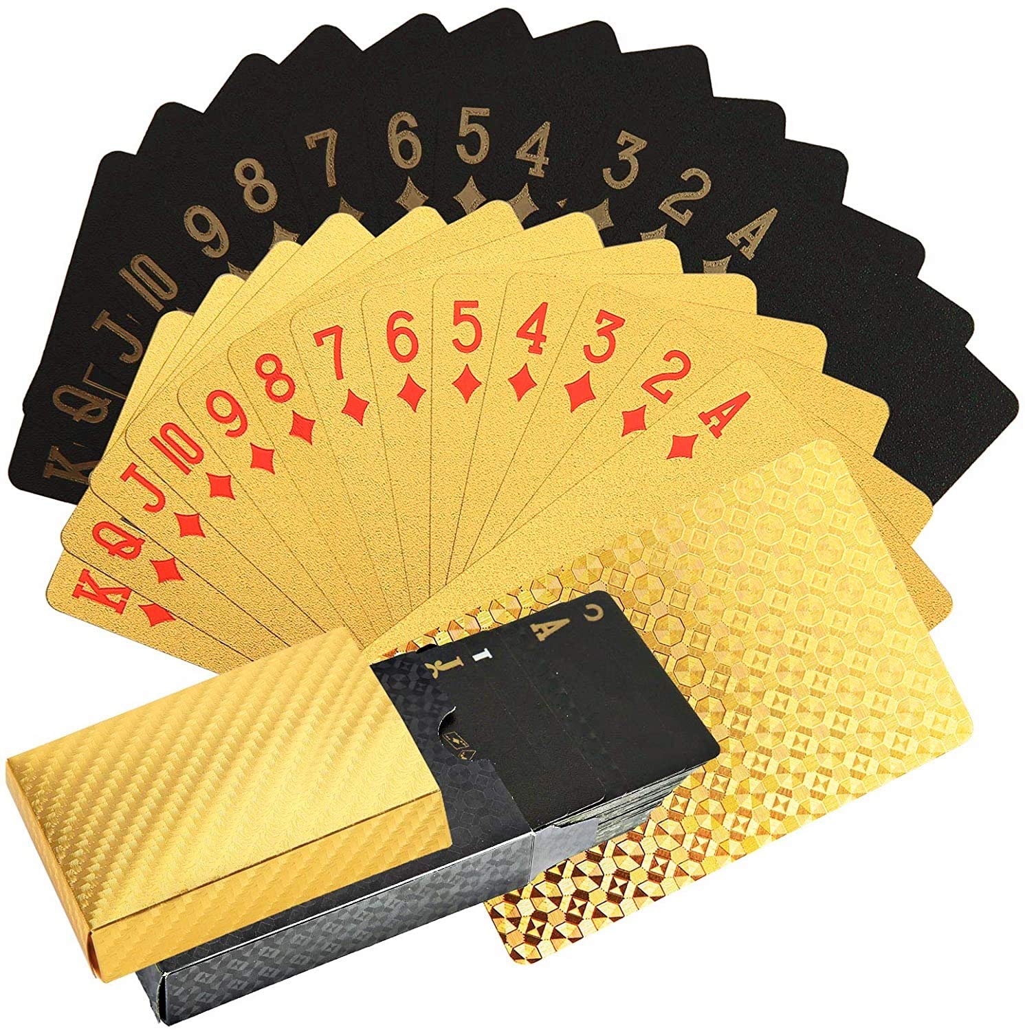 KAHEIGN 2 Deck of Playing Cards, 24K Foil Waterproof Poker Cards Diamond Playing Cards Professional Classic Magic Tricks Tool for Card Players Family Party Game (Gold+Black)