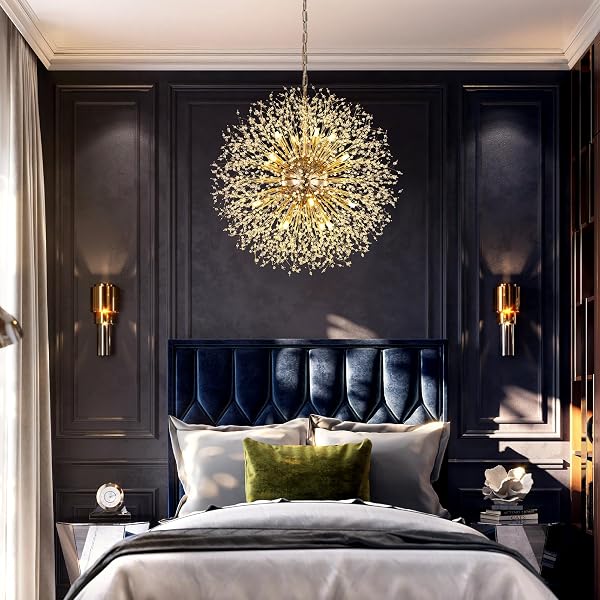 WELLMET FIREWORK CRYATSL CHANDELIER 30 INCH, GOLD FIORE CHANDELIERS MID CENTURY MODERN CONTEMPORARY BRASS CHANDELIER LIGHT FIXTURE FOR DINING ROOM LIVING ROOM BEDROOM HALLWAY ENTRYWAY FOYER