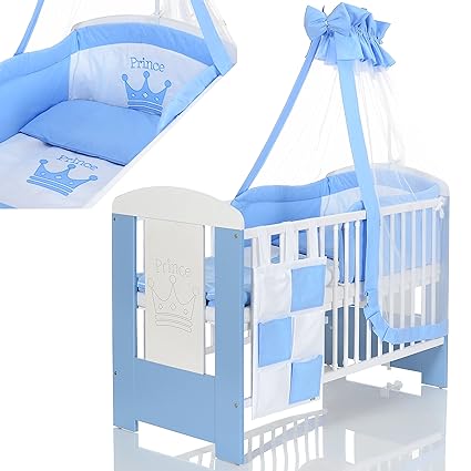 Kinderbett 120x60 inkl. Matratze und Bettwäscheset 3-fach höhenverstellbar | 3 Schlupfsprossen weiß-blau