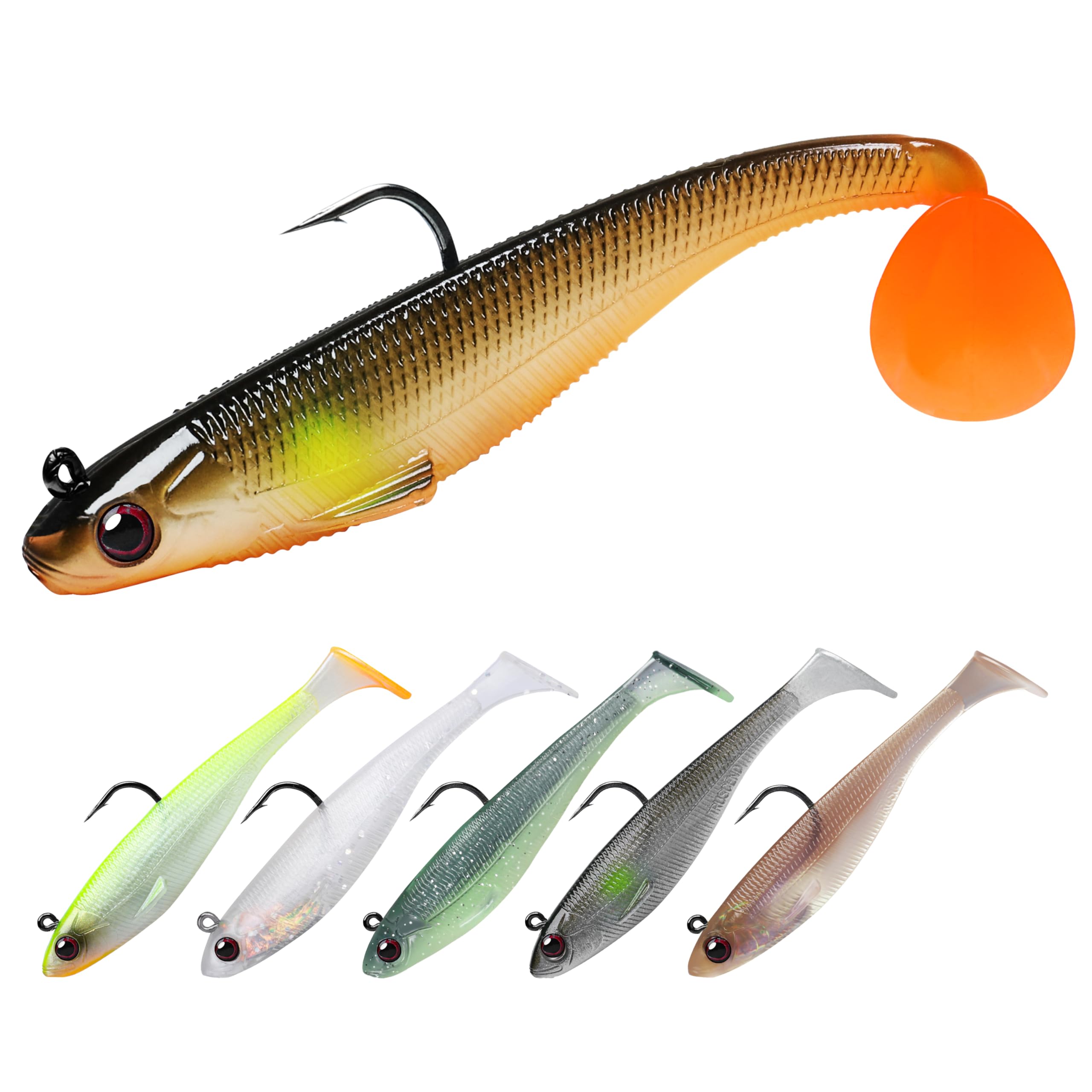 TRUSCEND Shadtale Easy Catch Soft Fishing Lures with BKK Hooks - Trembly Sinking and Vibrating Swim for More Bites, Pre-Rigged Swimbaits for Bass, Trout, Crappie, Walleye, Freshwater Saltwater Fishing