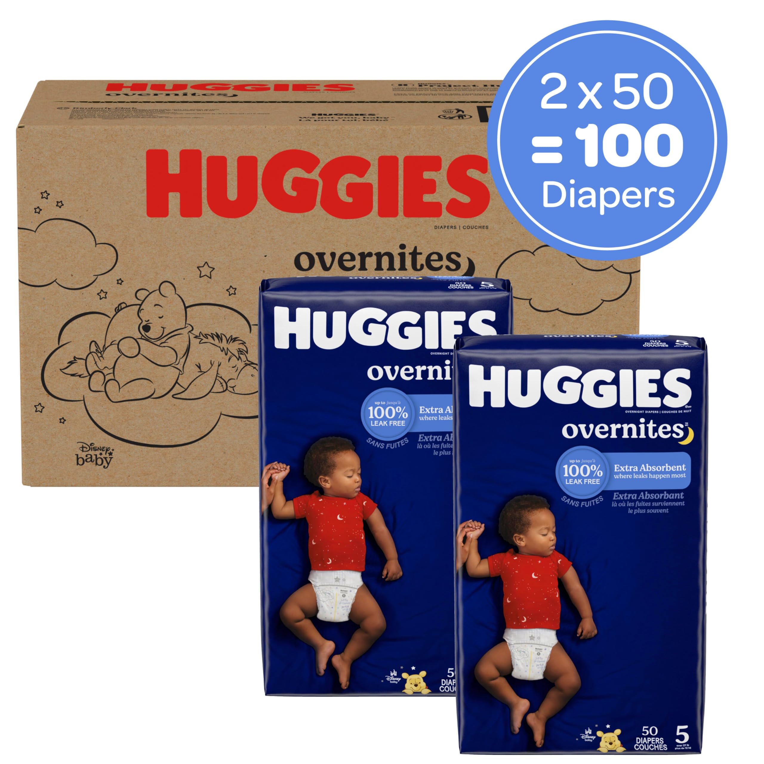 Huggies Size 5 Overnites Baby Diapers: Overnight Diapers, Size 5 (27+ lbs), 100 Ct (2 Packs of 50), Packaging May Vary