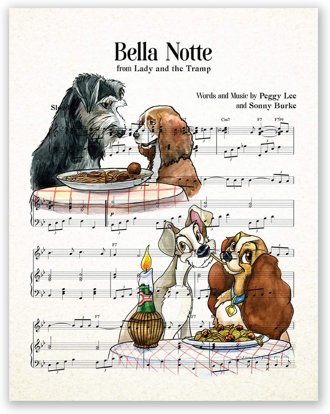 AtoZStudio Lady and The Tramp Poster - Music Sheet // Nursery Wall Art Decor Print // Baby Girl Bedroom Decoration // Watercolor Artwork // Birthday Picture (8x10)