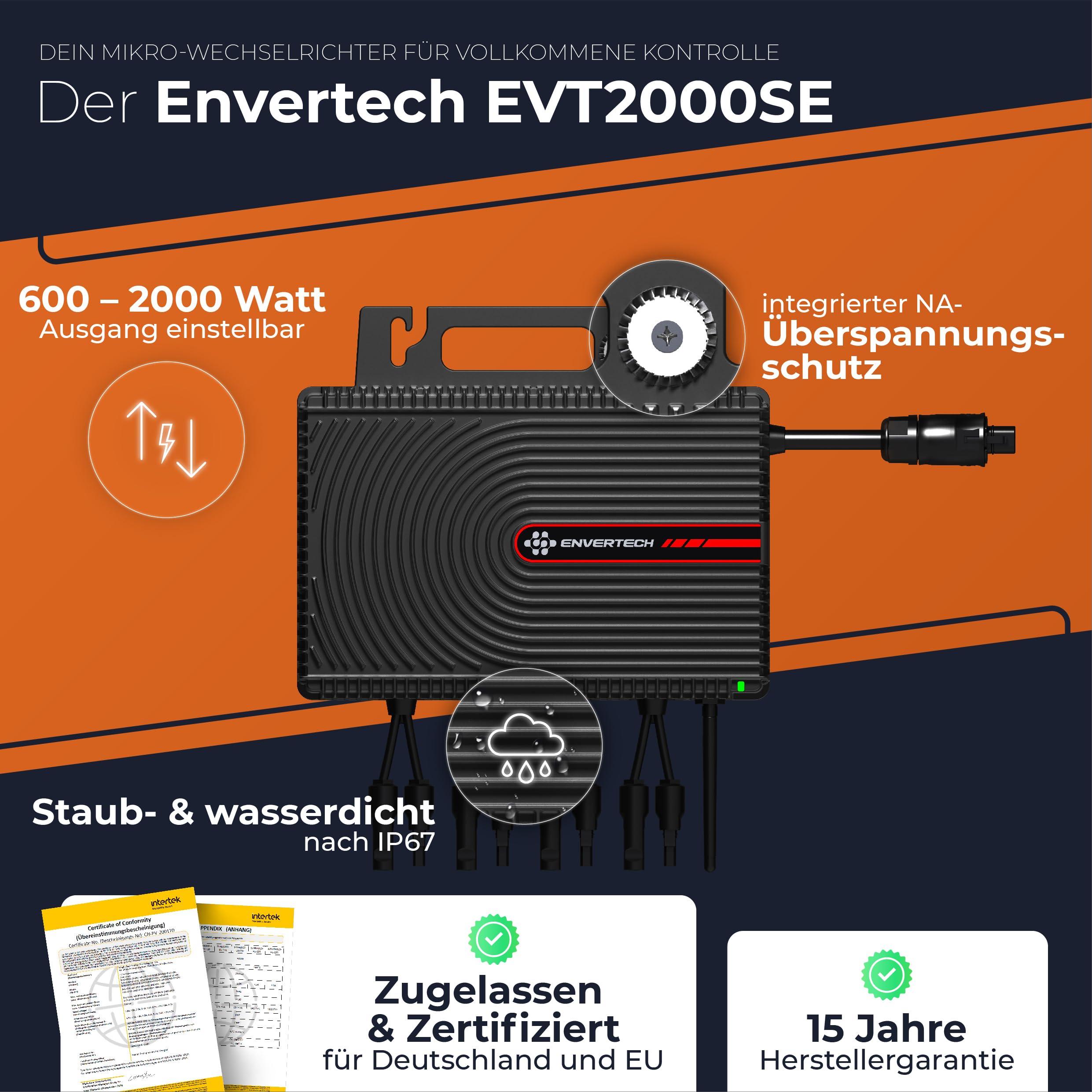Solarway All In One Envertech Mikro-Wechselrichter 2000W Set inkl. 5M AC-Kabel & 8x2M DC-Kabel - für Balkonkraftwerk 800W-2000W für 4 PV Module - Black CASE - App & WiFi & Bluetooth (EVT-2000-SE) 3
