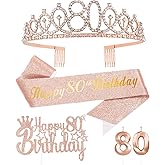 80th Birthday Gifts Decorations for Girls Women,Including 80 Year Old Rose Gold Birthday Cake Topper,80th Birthday Tiara Crown/Sash,80th Rose Gold Birthday Candle for Party Supplies Decoration