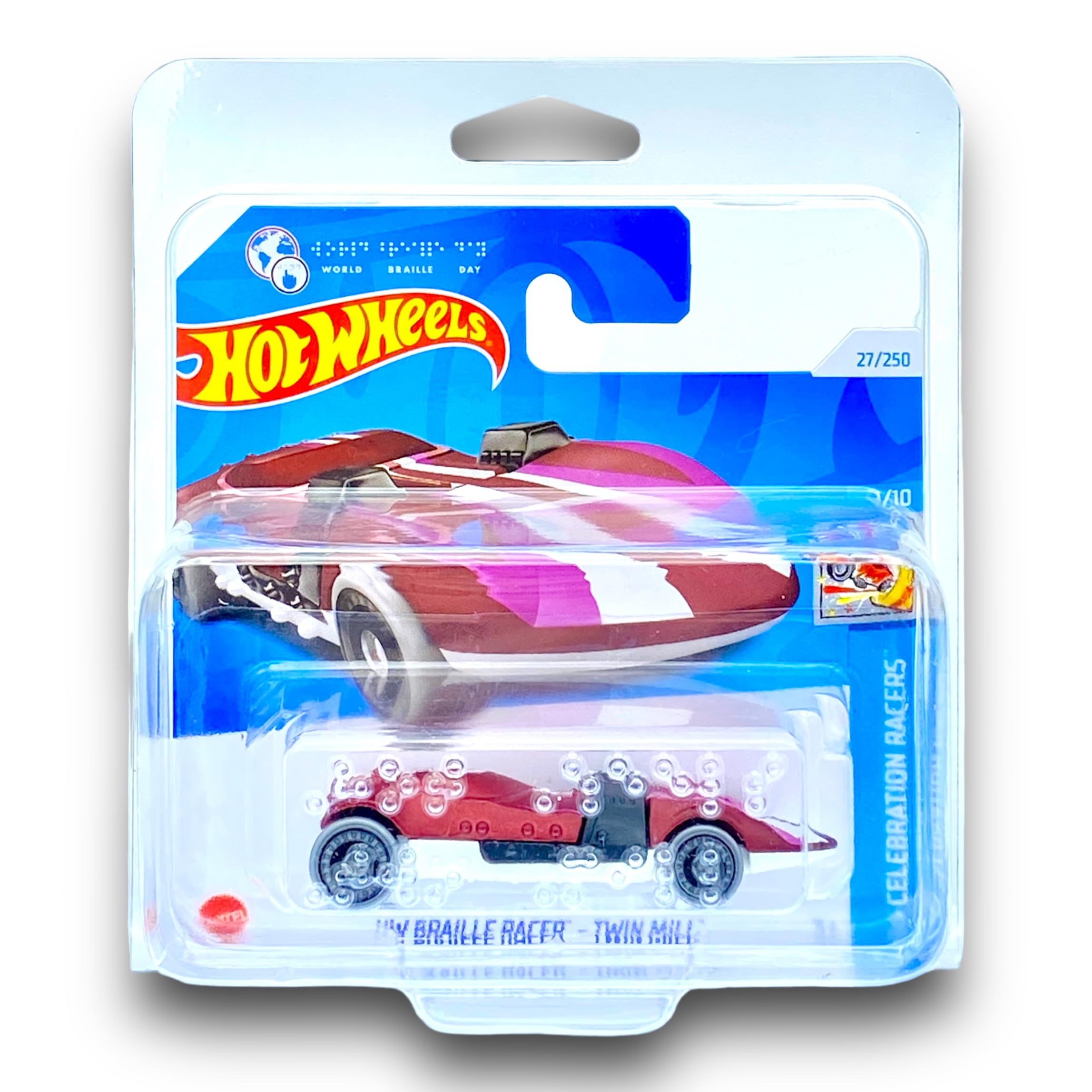 Hot Wheels HW Braille Racer - Twin Mill (Matt Red, White & Pink) 1/10 HW Celebration Racers - 2024-27/250 (Short Card) - COMES IN A KLAS CAR KEEPER SHORT CARD PROTECTOR CASE - HRY95