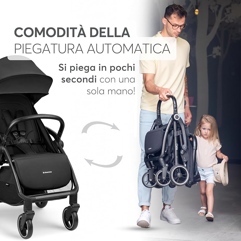 KikkaBoo Passeggino Leggero fino a 22 kg CIELA, Piegatura Automatica, Schienale Reclinabile, da Viaggio, Misura Bagaglio a Mano, Nero