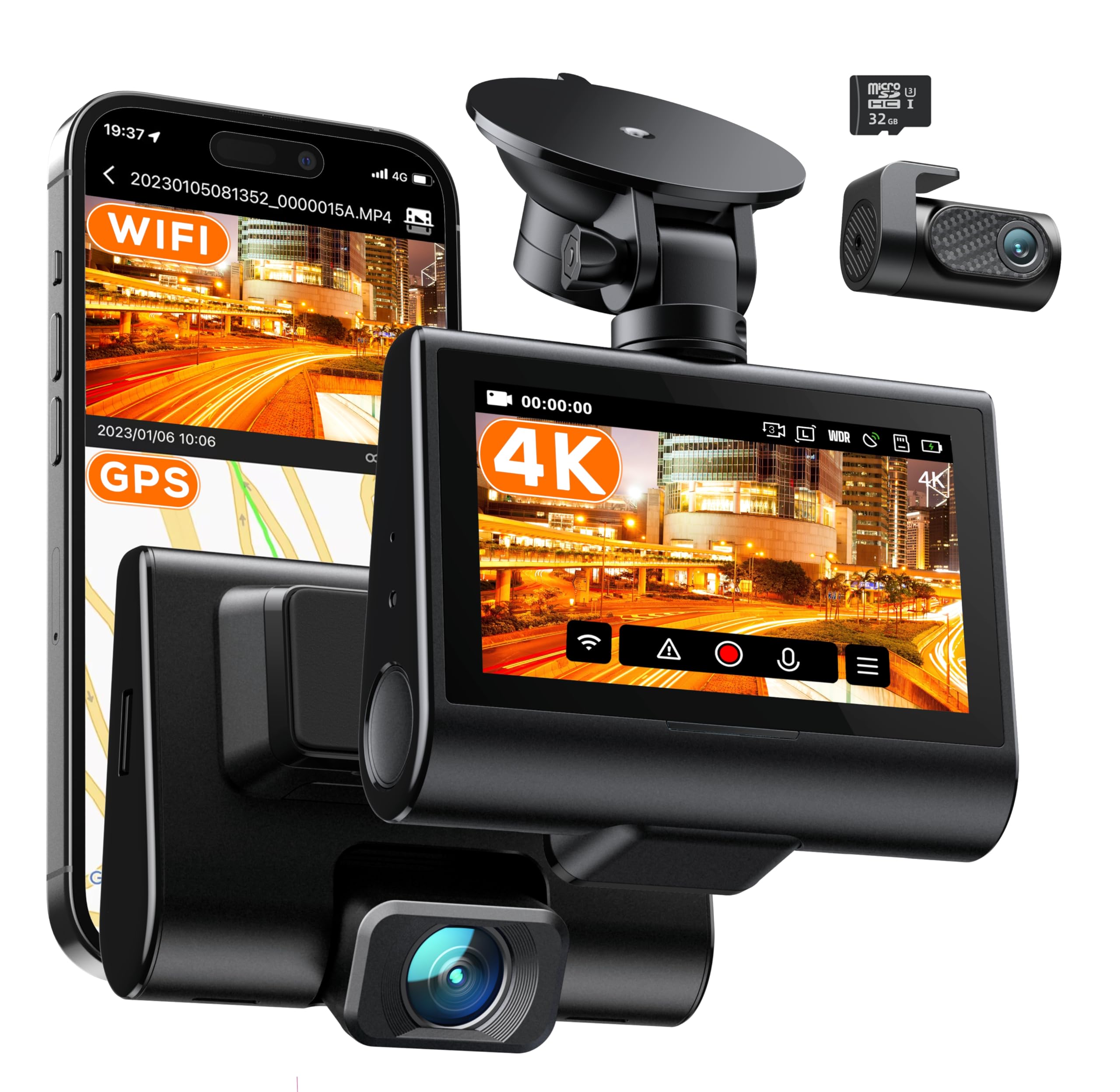 iZEEKER 4K Dash Cam Front and Rear Wi-Fi GPS, 4K+1080P Dual Dash Camera for Cars with 32GB SD Card, 3'' IPS Touchscreen, WDR, Night Vision, Parking Mode, G-Sensor, 2 Mounting Options