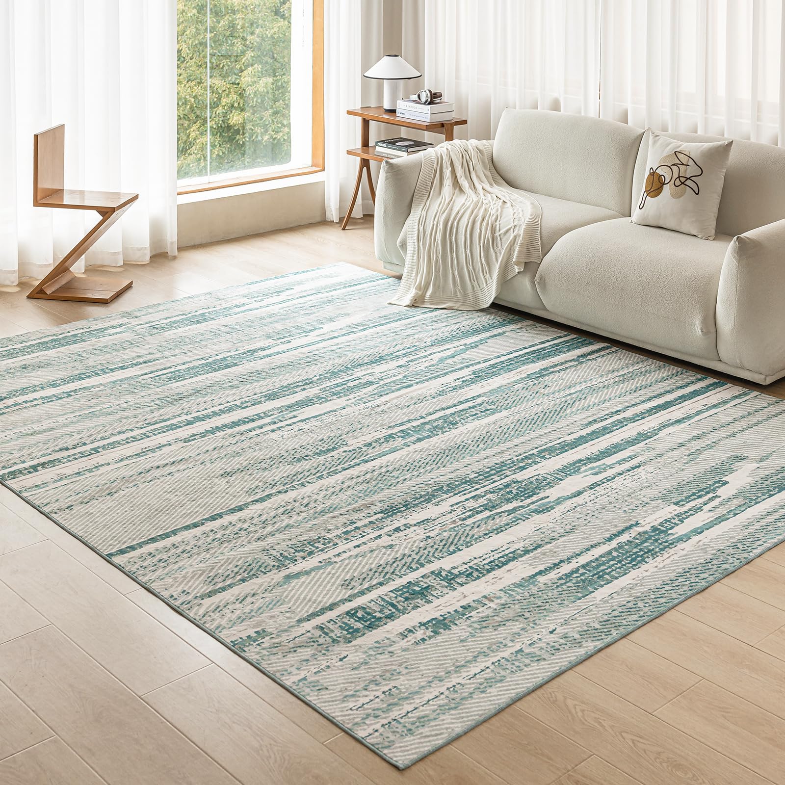 OMERAI 5x7 Washable Area Rug, Teal Green Low Pile Modern Abstract ...