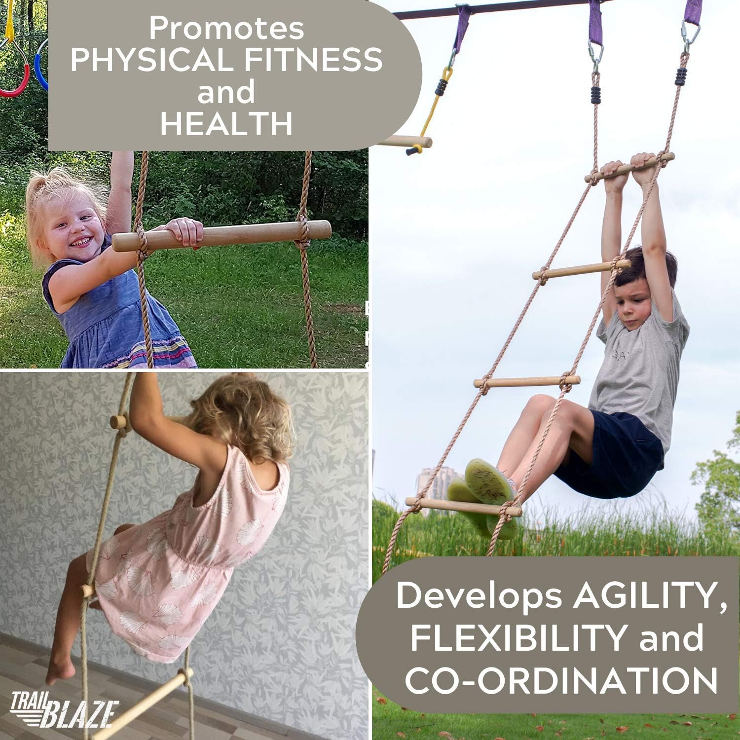 Trailblaze Premium Climbing Rope Ladder for Kids 6ft - Connects to Anything! Ninja Warrior Obstacle Course for Kids, Playground Swingset Accessories, Outdoor Play Equipment for Kids: Toys & Games