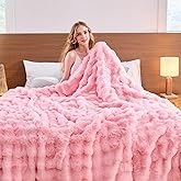 Jeyfull Pink Faux Fur Throw Blanket Soft Plush Fluffy Bubble Texture Cozy Blanket for Couch Bed Sofa Warm Thick Luxury Home Decor Gift for Women Mom Girlfriend (Throw Size 50''x60'', Pink)