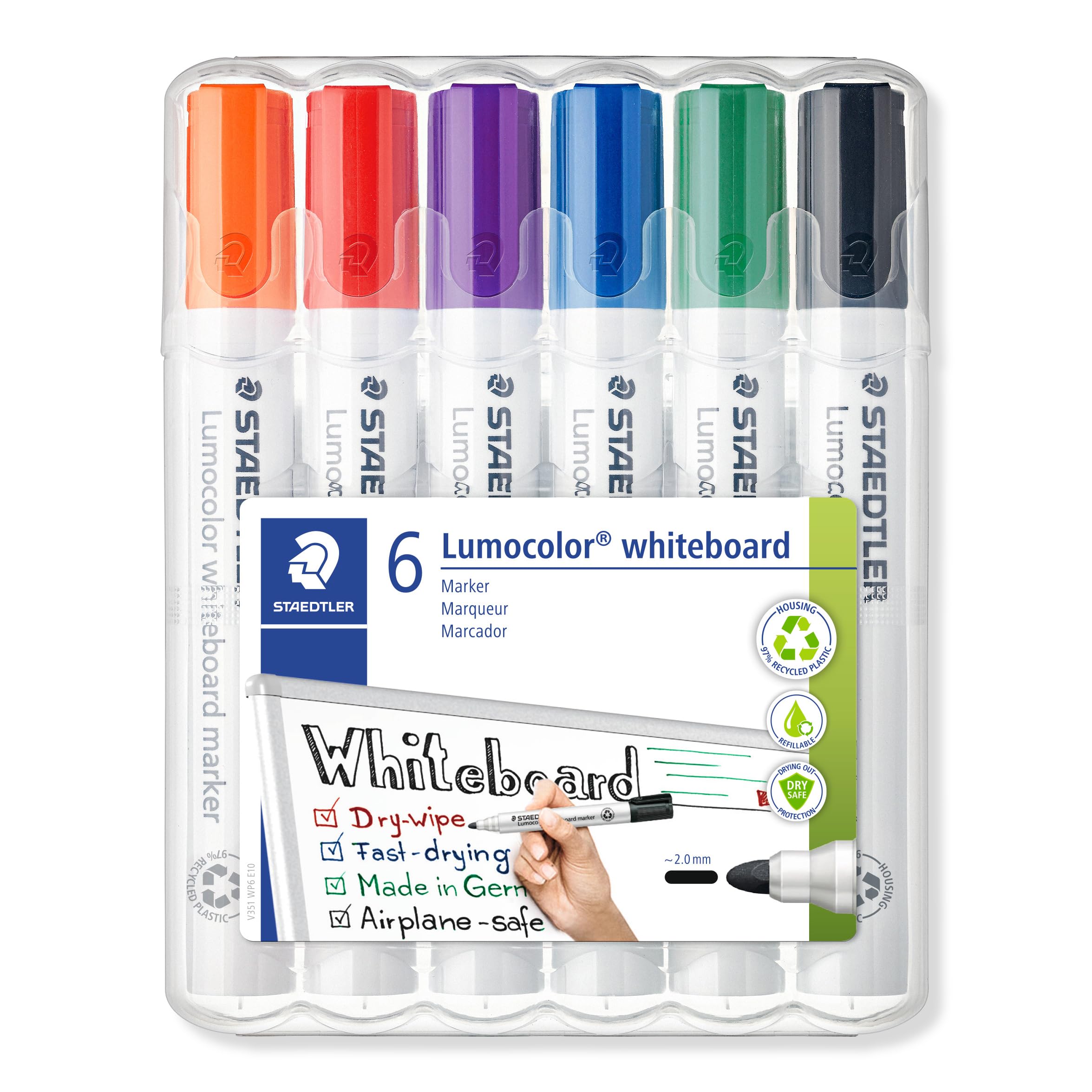 STAEDTLER 351 WP6 Lumocolor Whiteboard Marker Bullet Tip - Assorted Colours (Pack of 6)