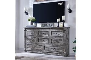 Aitjunz Farmhouse 8 Drawers Dresser for Bedroom, 61" Wide Large Dressers & Chests of Drawers w/Roman Column, Storage Dressers Organizer for Bedroom, Hallway, Living Room, Light Grey