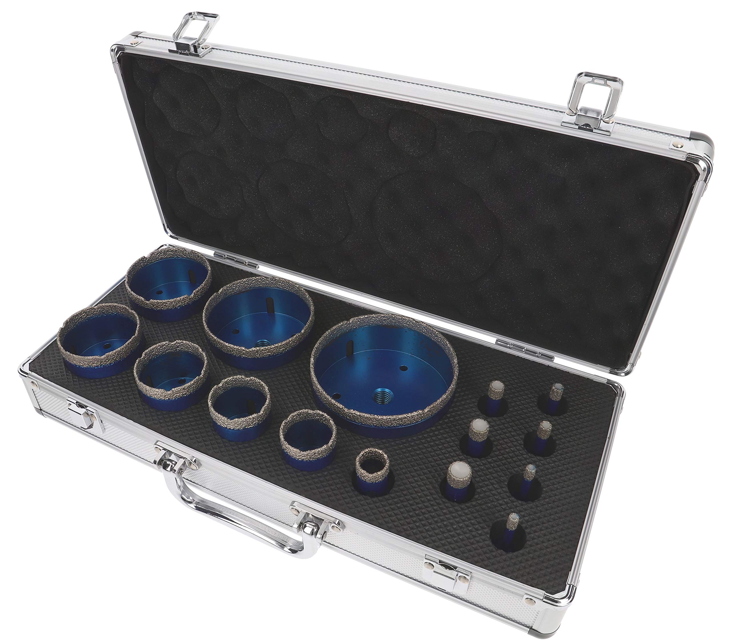 PRODIAMANT Professional Diamond Drill Bit Set 15 Pieces (6, 6, 8, 8, 10, 12, 14, 20, 35, 40, 50, 60, 68, 82, 100 mm x M14) in Aluminium Case Diamond Tile Drill Set