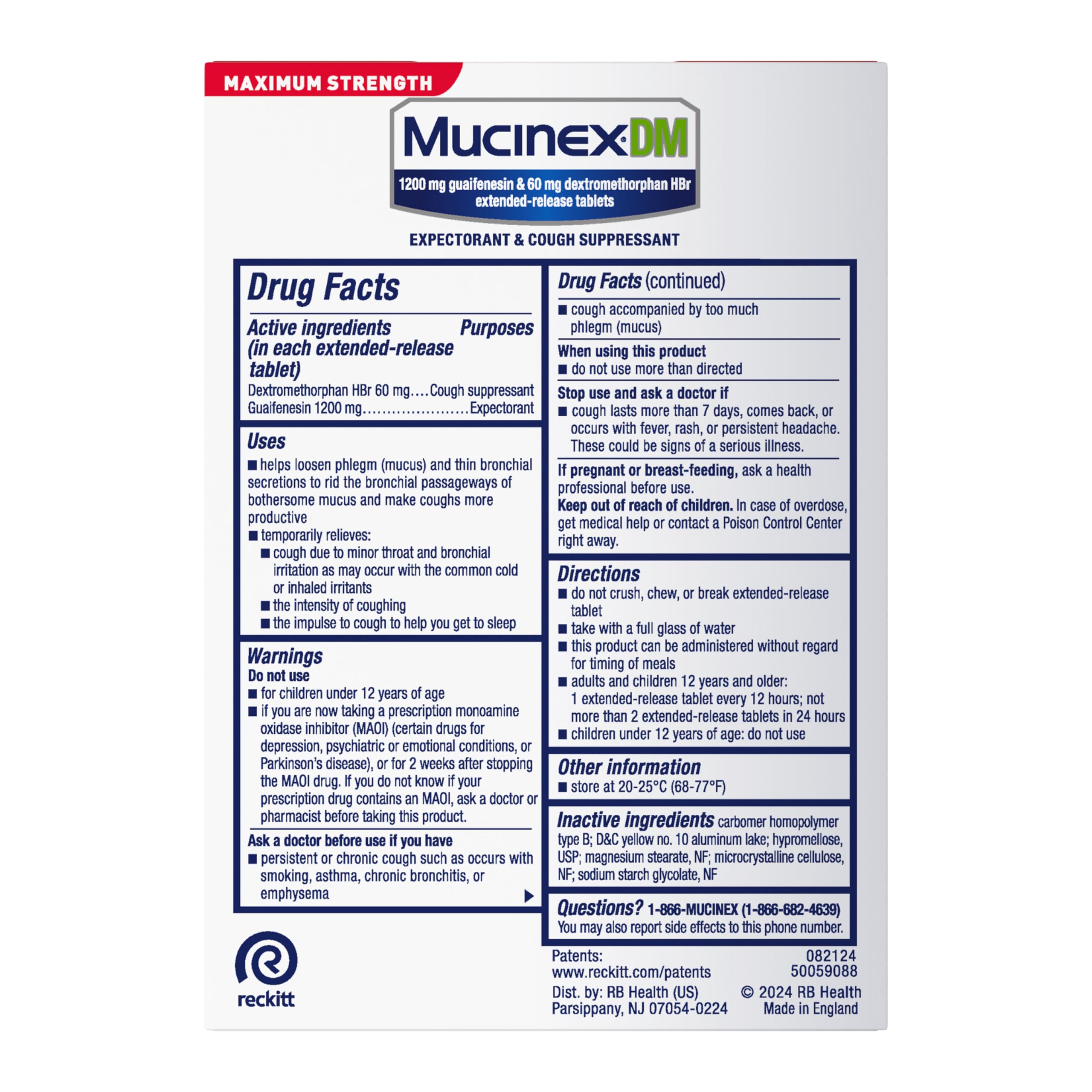 Mucinex DM 12Hr Maximum Strength Chest Congestion & Cough Medicine for Adults, Cold and Cough Medicine for Excess Mucus Relief, 1200 mg Guaifenesin & 60 mg Dextromethorphan HBr, 48 Bi-Layer Tablets