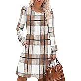OFEEFAN Long Sleeve Dress for Women Pleated Crew Neck Casual Babydoll Sweater Dress with Pockets Fall Outfits Fashion