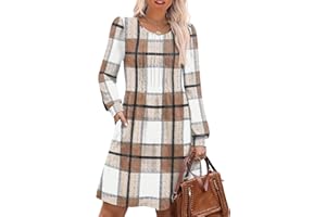 OFEEFAN Long Sleeve Dress for Women Pleated Crew Neck Casual Babydoll Sweater Dress with Pockets Fall Outfits Fashion