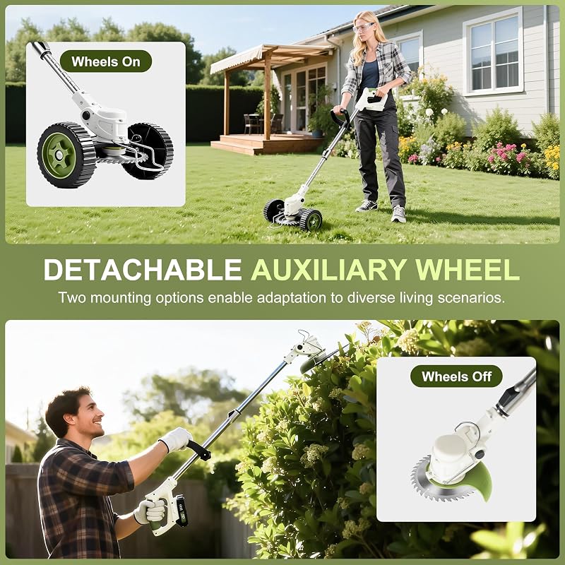 Elektrischer Rasentrimmer mit Akku und Ladegerät - Rasentrimmer mit 2 Akkus 4 Messertypen und Rädern - Teleskop Freischneider mit Unkrautbürste - Cordless Grass Trimmer für Höfe, Gärten (Beige)
