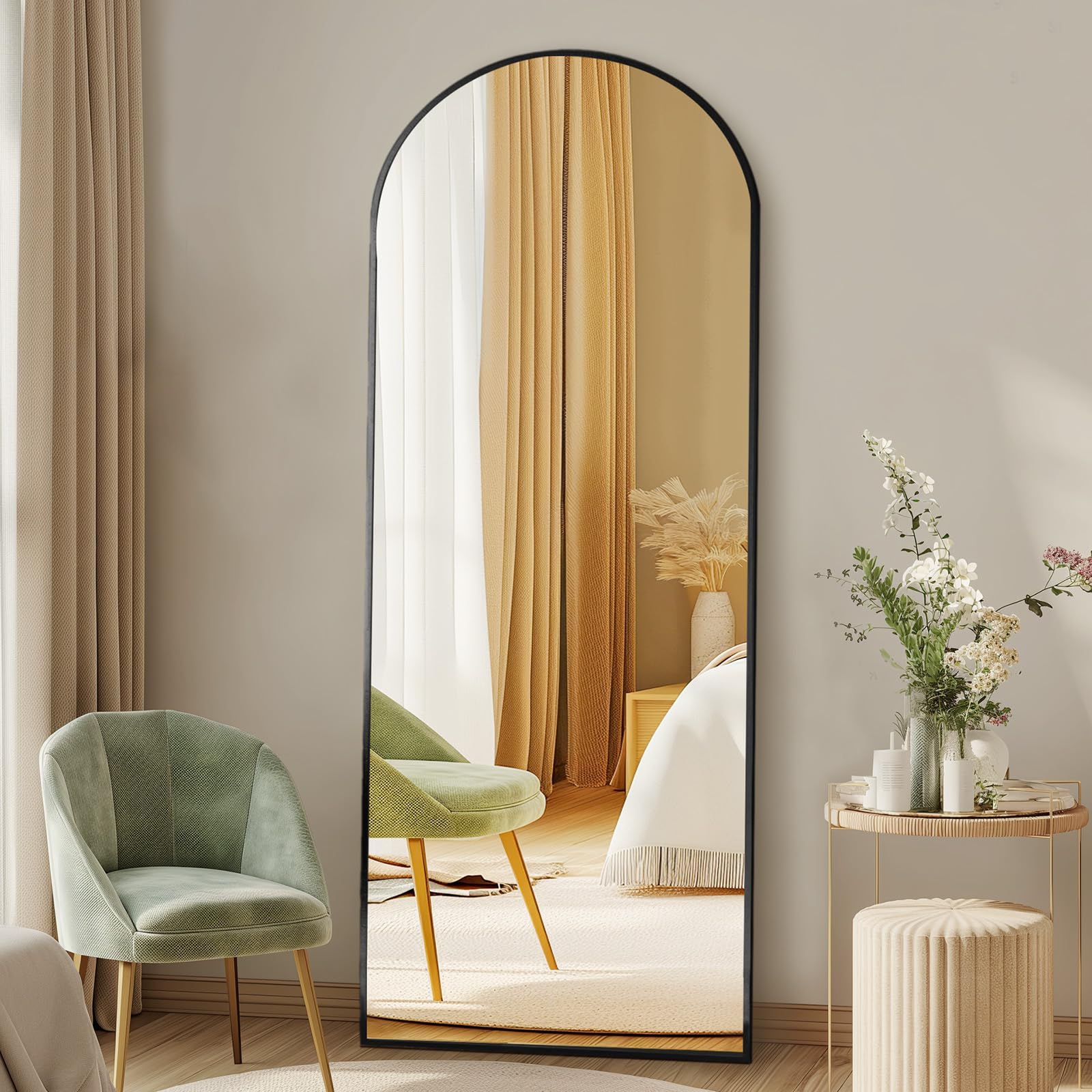 DUMOS Arched Full Length Mirror with Stand 59"x16" Floor Standing Aluminum Frame for Bedroom Body Hanging Leaning Modern Simple Home Decor Shatter-Proorf Nano Glass Wall Living Room Cloakroom Black
