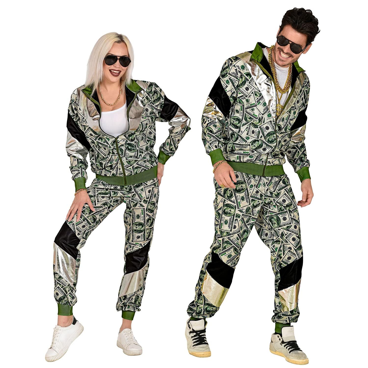Widmann 11281 Costume 80s Tracksuit Dollar, Jacket and Trousers, Banknotes, Jogging Suit, Retro Style, Bad Taste Party, Carnival, Multicoloured, S