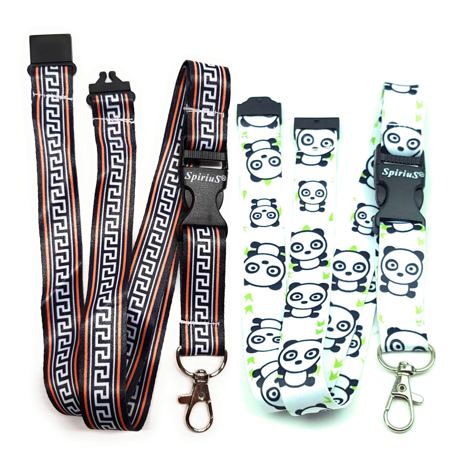 SpiriuS 2 X Keychain & Lanyard Neck Strap For ID Pass Card Badge Key Metal clasps (Ethnick white black + Panda in white)
