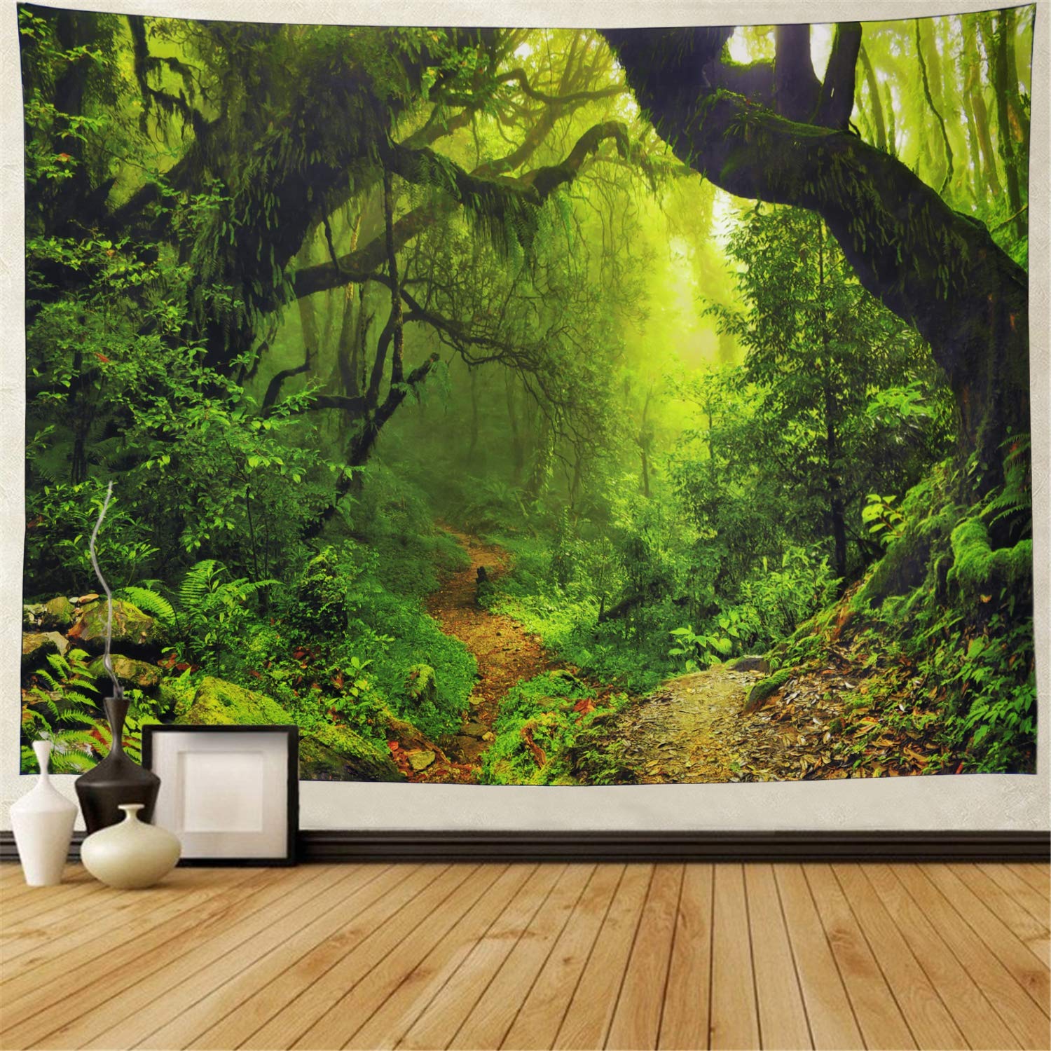 Leofanger Misty Forest Tapestry: Green Tree Wall Tapestry, Rainforest Landscape, Bohemian Psychedelic Wall Hanging for Bedroom, Living Room, Dorm (70.8 92.5 inches)