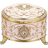 Hipiwe Metal Jewelry Box Small Treasure Chest Box Vintage Round Trinket Organizer Ring Holder Enameled Jewelry Box for Earrings Necklace Holder Gift for Birthday Christmas,Home Decor,Beige