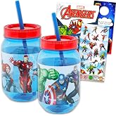 Marvel Avengers Water Cups for Kids - Bundle with 2 Cups with Lid and Straw for Home Plus Tattoos, Stickers, More | Avengers Mason Jar Cup for Boys