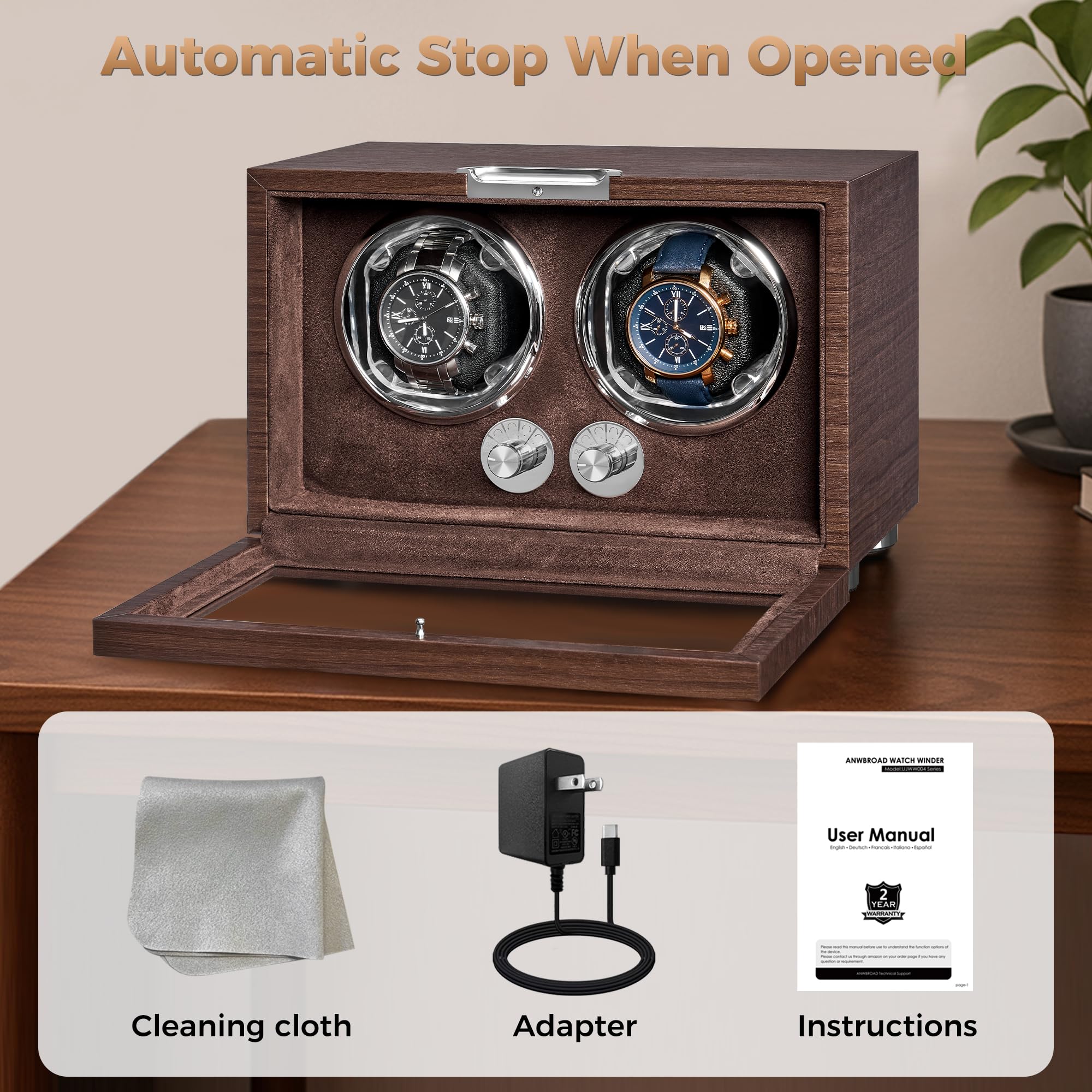 ANWBROAD ANWBROAD Double Watch Winder, Automatic Watch Winder for Automatic Watches, Dual Watch Winder Box with Type-C Port Adapter, 4 Modes, Quiet Motor, LED Light, UJWW004M