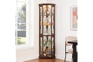 Makaseiya 70" Lighted Corner Curio Cabinet,Inside Mirror Corner Glass Display Case with Tempered Glass Door for Living Room, Antique Collectibles, Wine & Bar Glass Storage, Lights Included