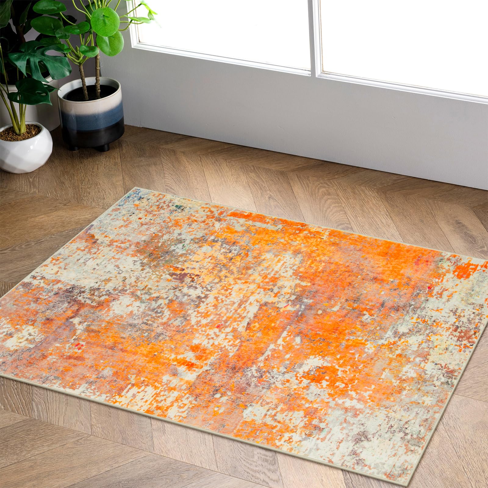 Photo 1 of Lahome Modern Abstract Small 2x3 Rug - Washable Kitchen Rugs Non Slip Front Indoor Mat for Entry Bathroom, Contemporary Soft Throw Carpet for Entryway Bedside, Orange/Yellow
