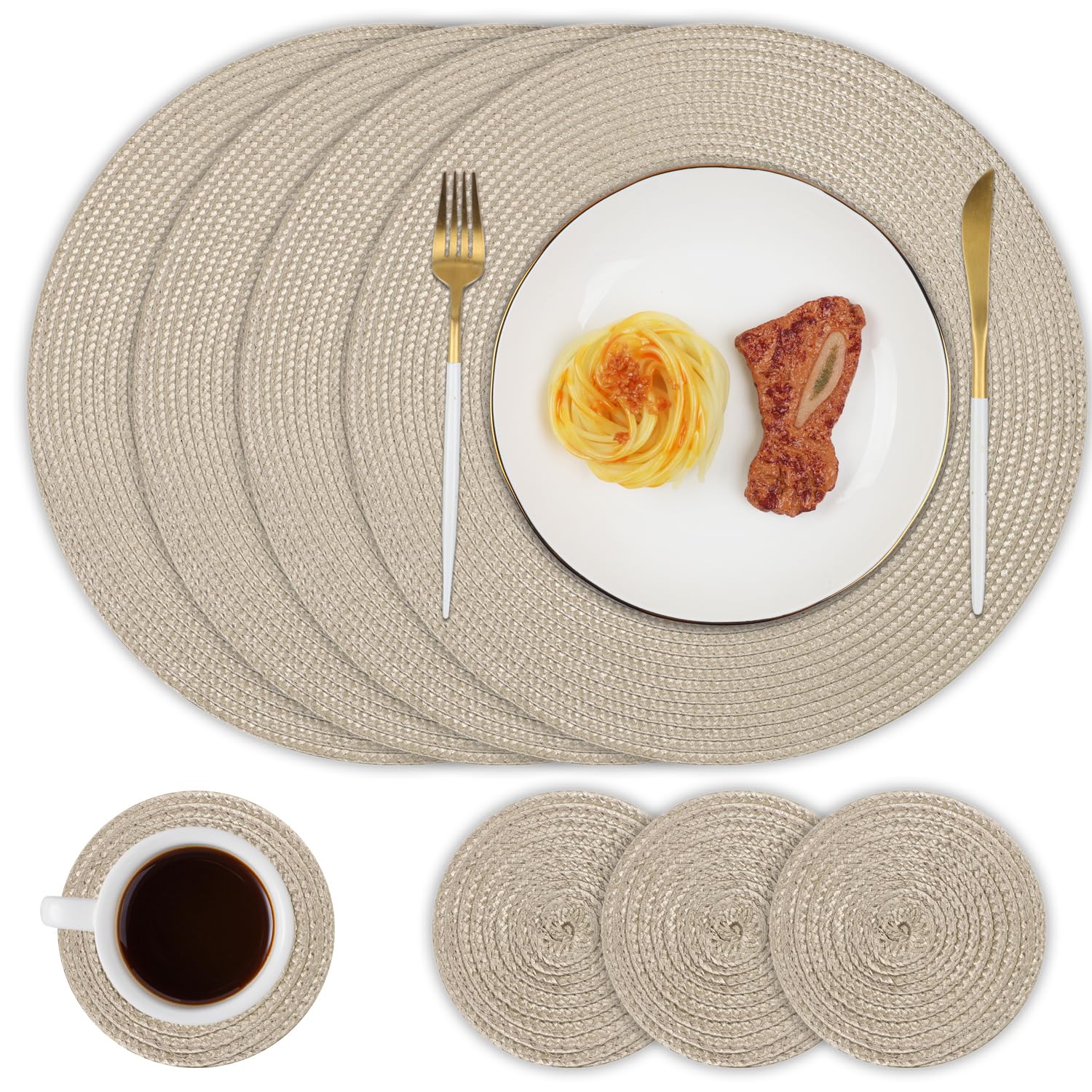 Famiaby Placemats and Coasters Set of 4 Round Woven Table Mats Washable Heat Resistant Place Mats Non Slip Dinner Mats and Coasters for Kitchen Dining Table — image 1