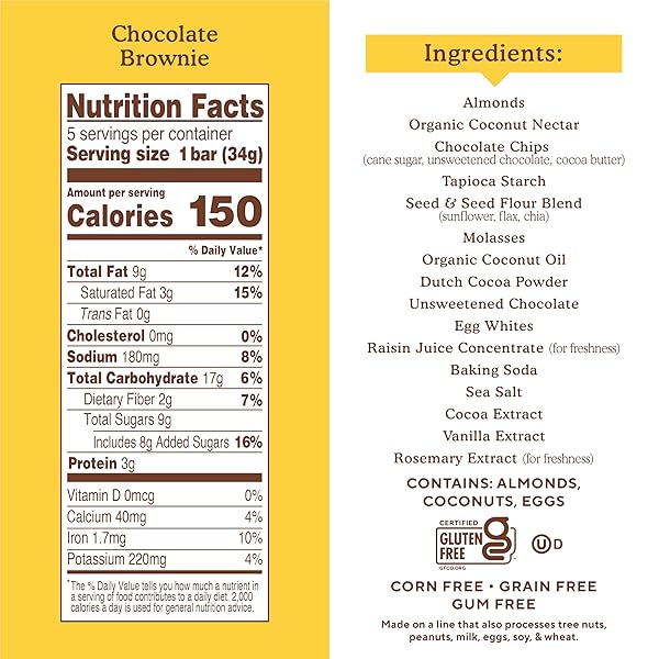 SIMPLE MILLS ALMOND FLOUR SNACK BARS (CHOCOLATE BROWNIE) WITH ORGANIC COCONUT OIL, CHIA SEEDS, SUNFLOWER SEEDS, AND FLAX SEEDS, 6OZ, 1 COUNT