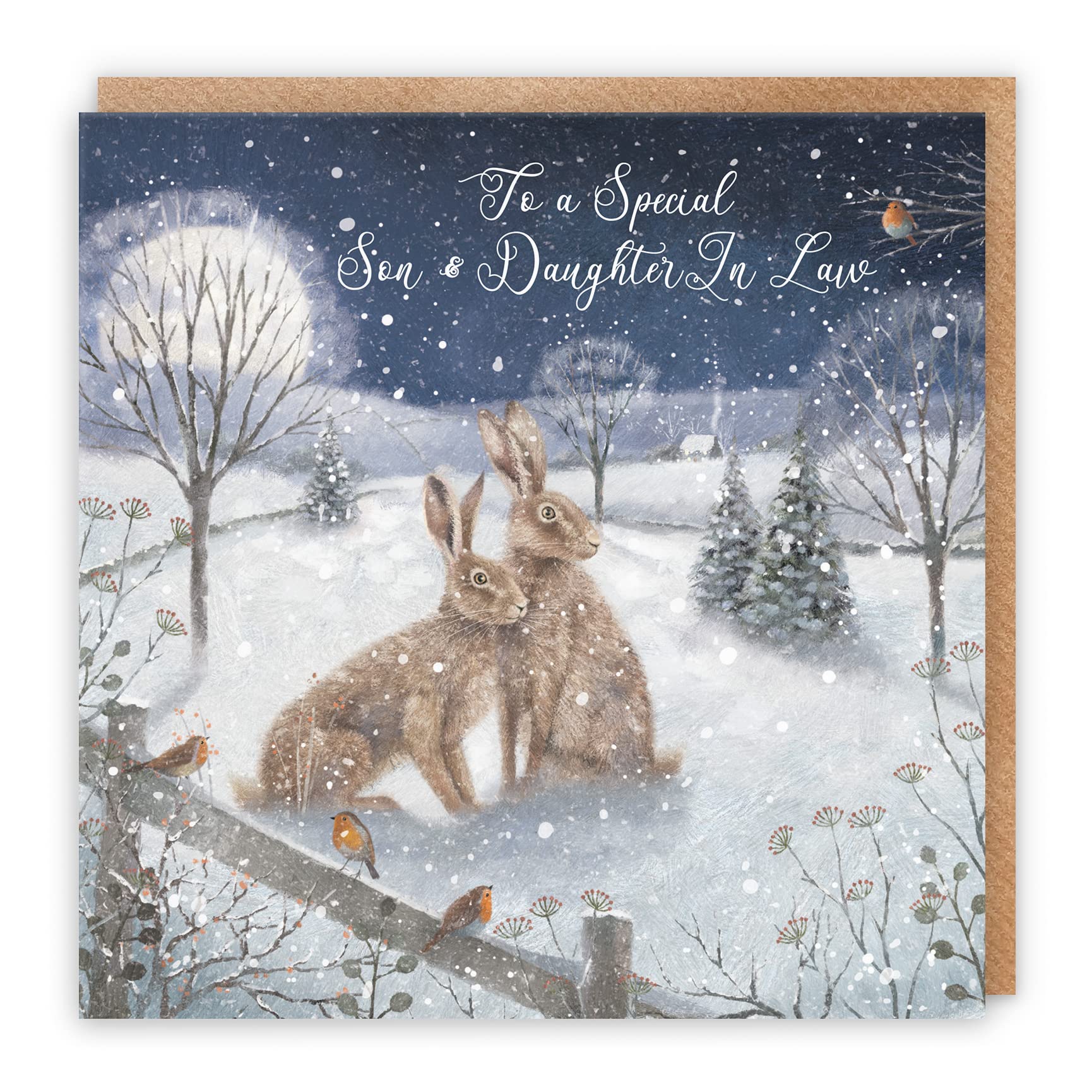 Hunts England - Son And Daughter-in-Law Christmas Card - 'Snowy Hares' - To A Special Son & Daughter-in-Law - Milo's Gallery Collection - Christmas Wording Inside