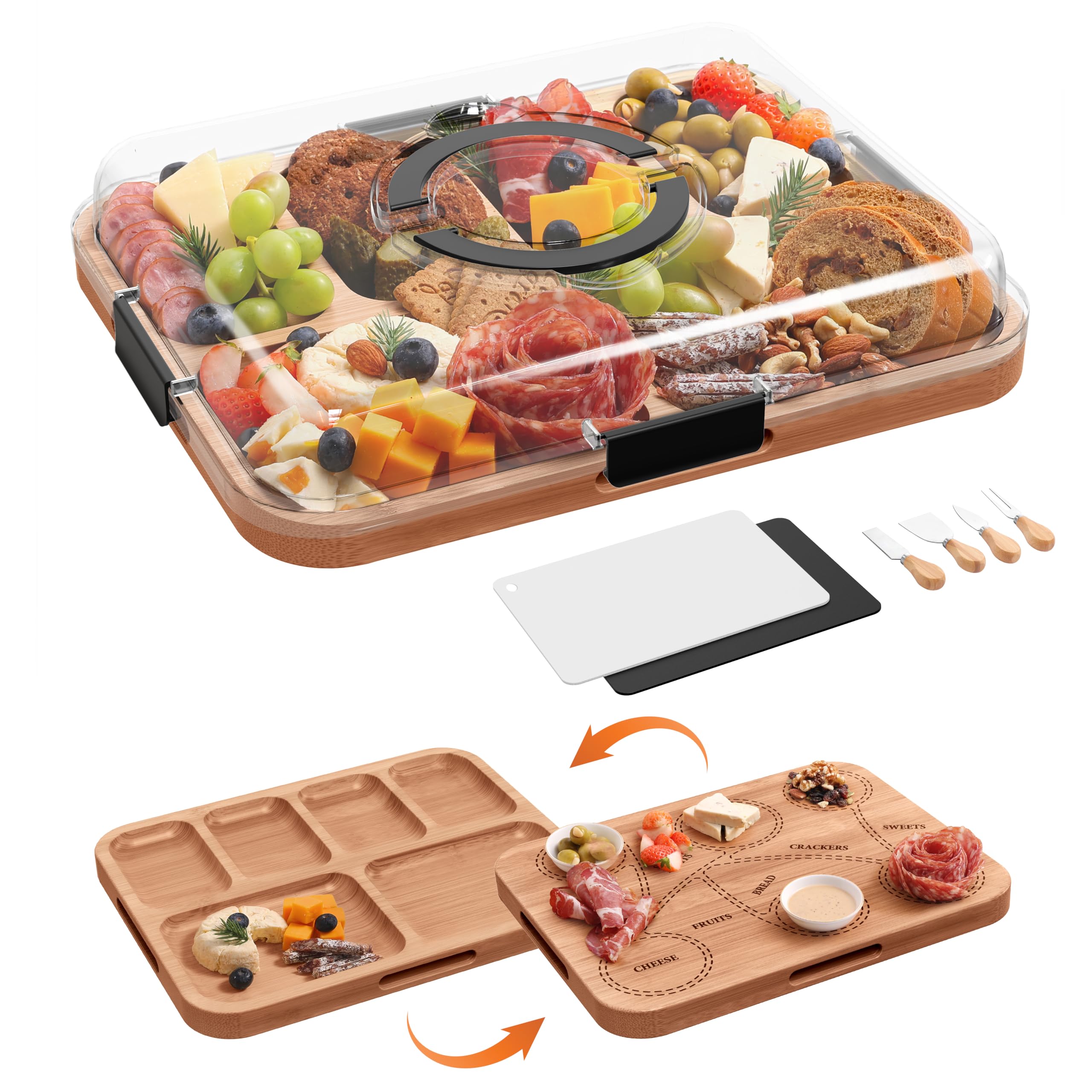 Photo 1 of ***broken cover**Charcuterie Board with Lid, 2-in-1 Bamboo Cheese & Cutting Board with Engraved Guide, Travel Portable Charcuterie Boxes, Includes 2 Plastic Cutting Mats & 4 Cheese Knives, House Warming Gifts New Home