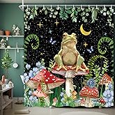 JAWO Mushroom Shower Curtain, Boho Moon Stars Aesthetic Floral Shower Curtains, Funny Frog Cottagecore Decor Kids Children Bathroom Accessories Set with Hooks, 69 x 70 Inches Black
