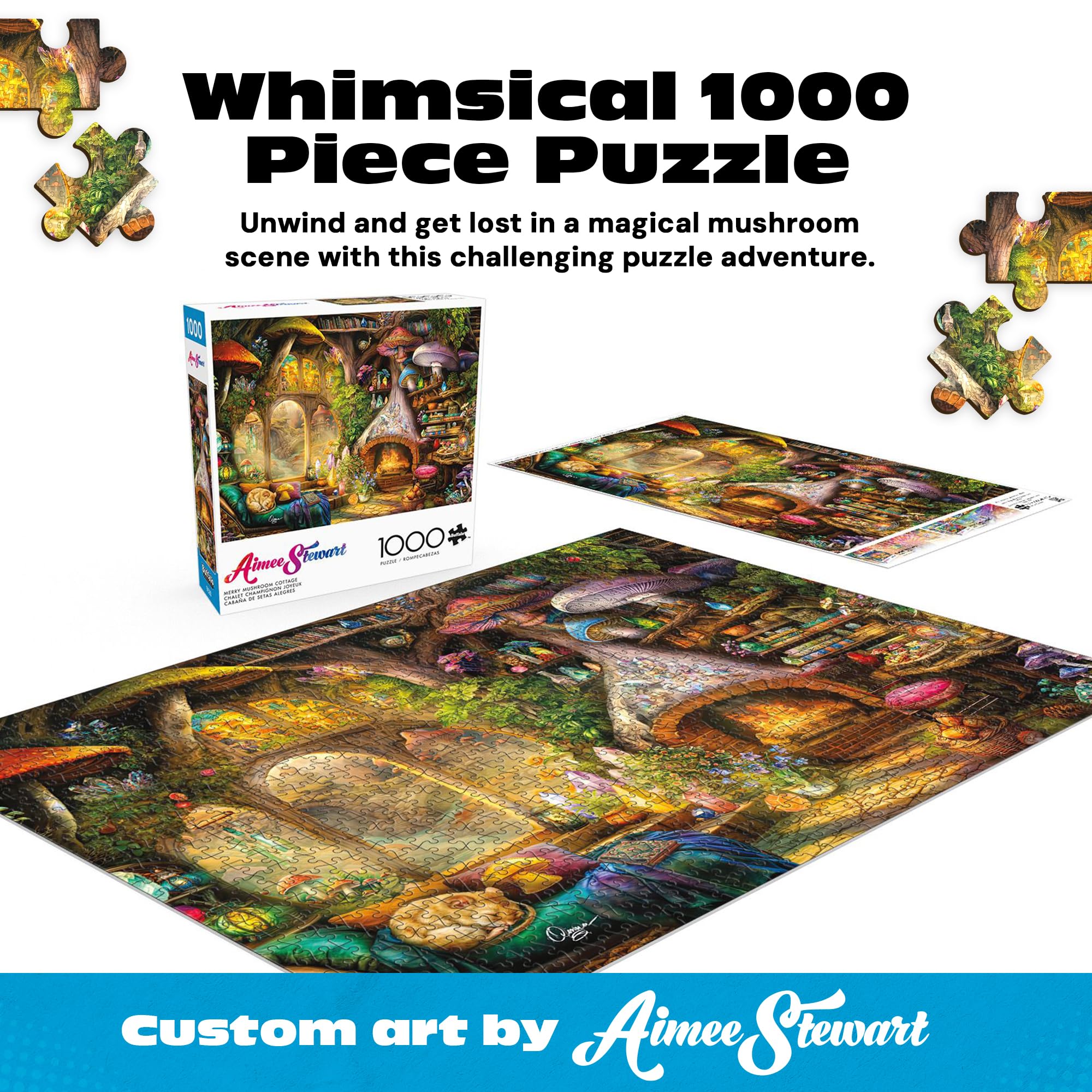 Buffalo Games Jigsaw Puzzles for Adults 1000 Pieces - Aimee Stewart - Merry Mushroom Cottage - Hard Adult Puzzle with Reference Poster, Fun, Unique & Challenging for All Abilities, Large 26.75 x 19.75
