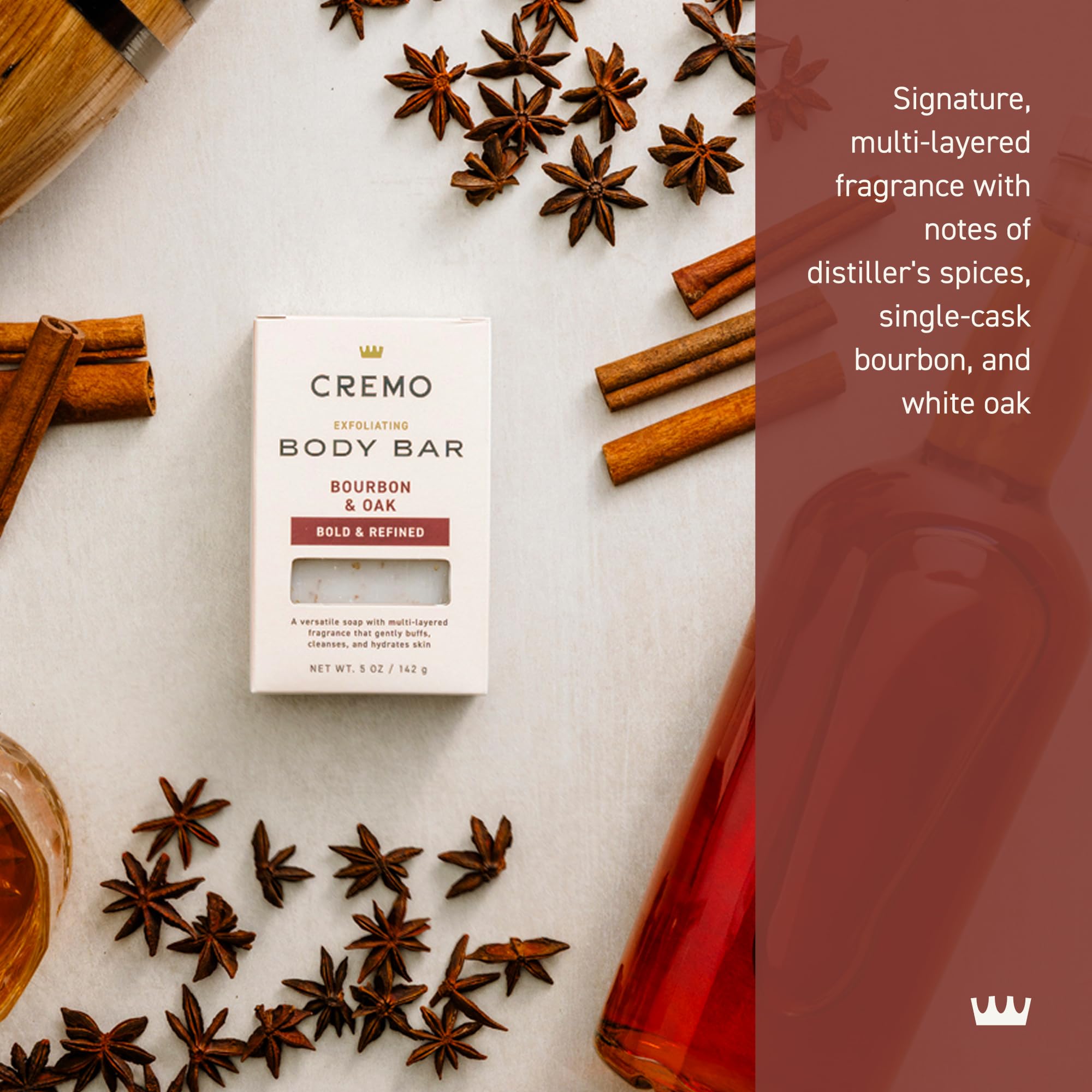 Cremo Exfoliating Body Bar for Men, Bourbon & Oak Scent, Multi-Layered Fragrance That Buffs, Cleanses and Hydrates Skin, 5oz