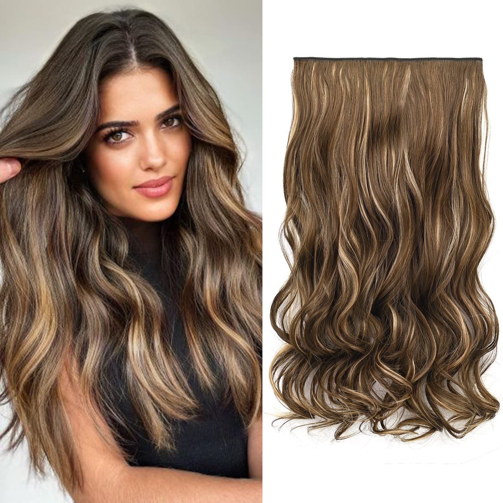 Photo 1 of REECHO 20" 1-pack 3/4 Full Head Curly Wave Clips in on Synthetic Hair Extensions HE008 Hair pieces for Women 5 Clips 4.5 Oz Per Piece - Chocolate Brown with Blonde Highlights