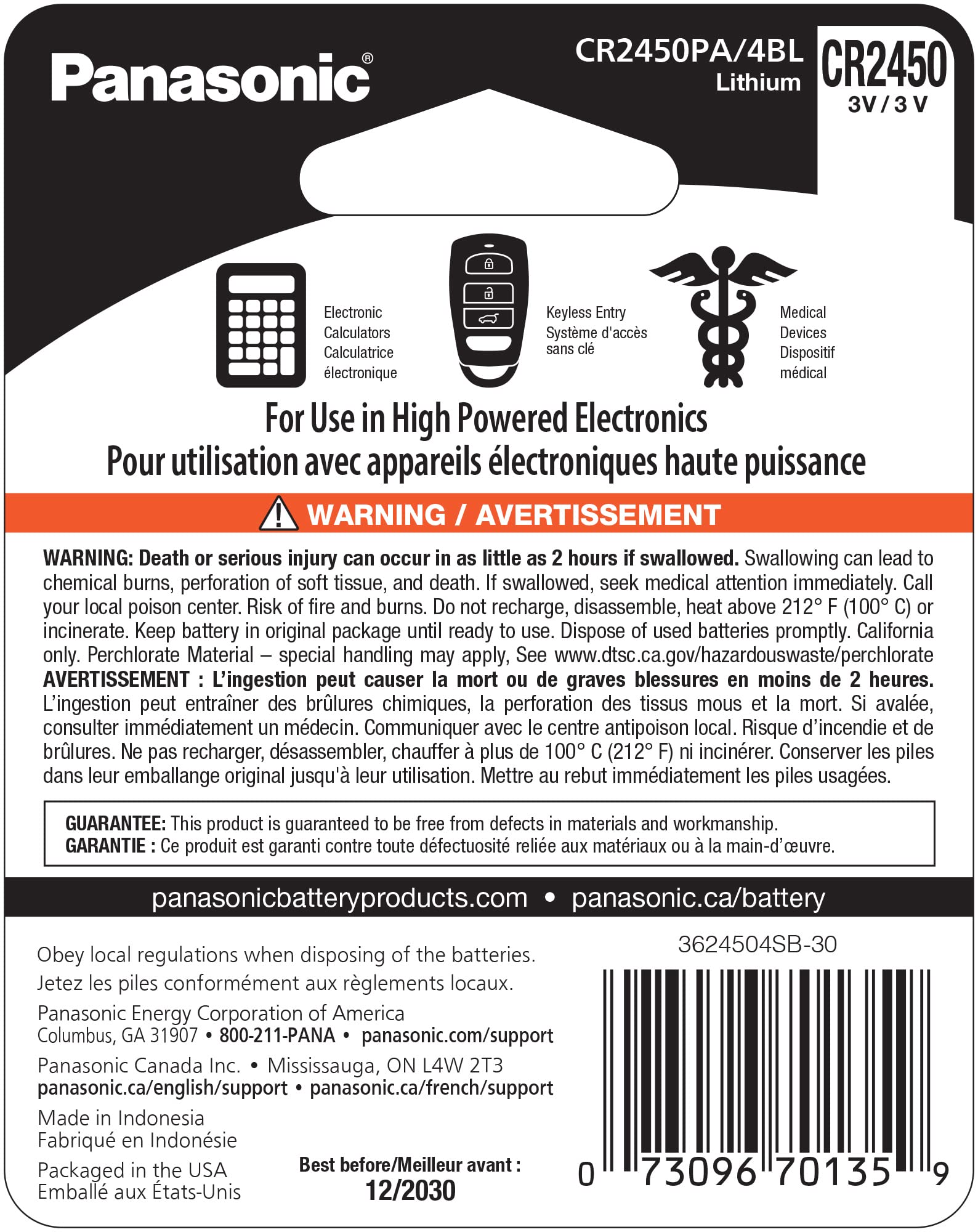 Panasonic CR2450 3.0 Volt Long Lasting Lithium Coin Cell Batteries in Child Resistant, Standards Based Packaging, 4-Battery Pack