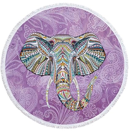 Axjzh Round Tassel Serviette De Plage éléphant Imprimer