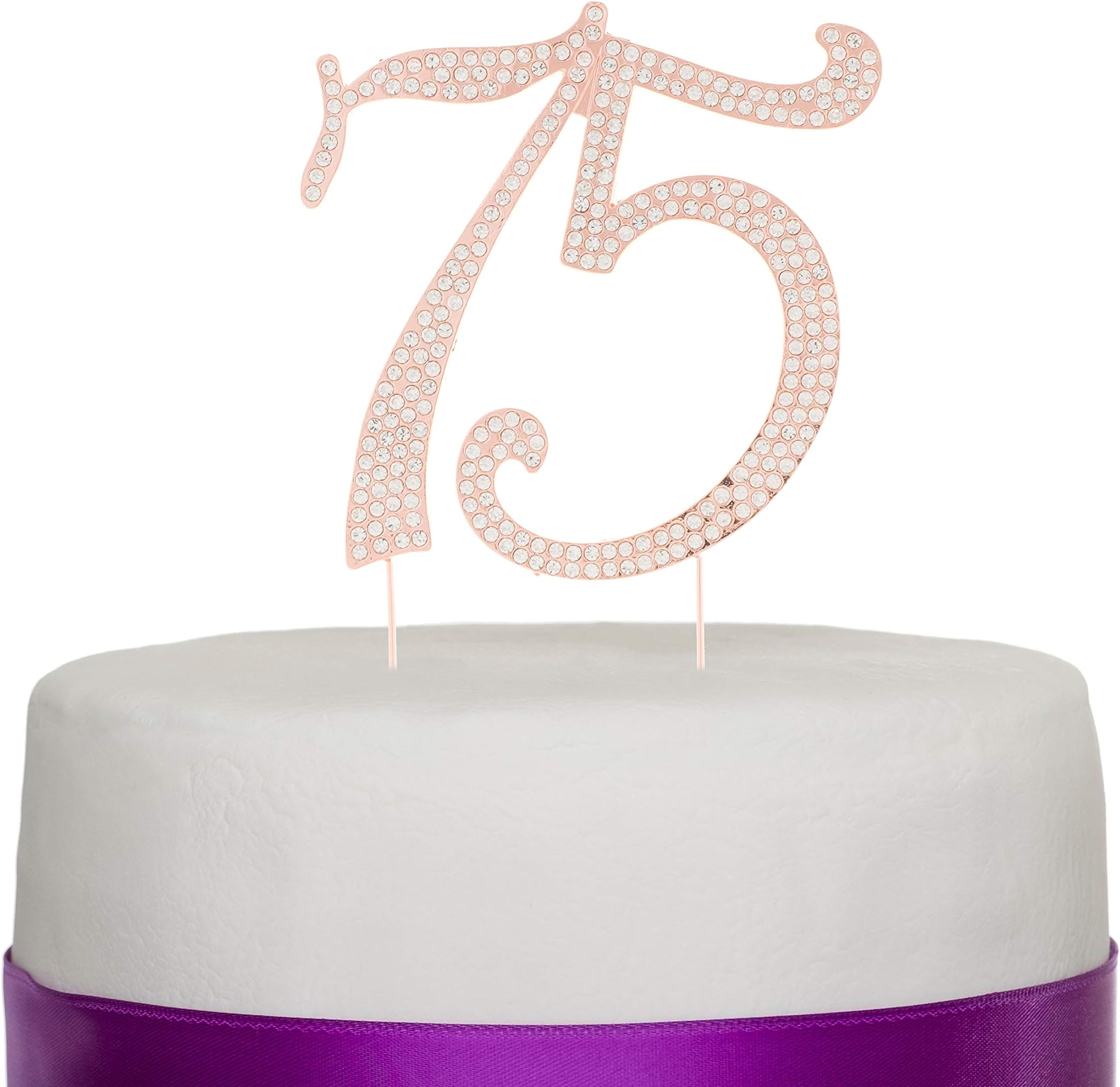 75 Cake Topper for 75th Birthday or Anniversary, Rhinestone Metal Party Decoration (Rose Gold)