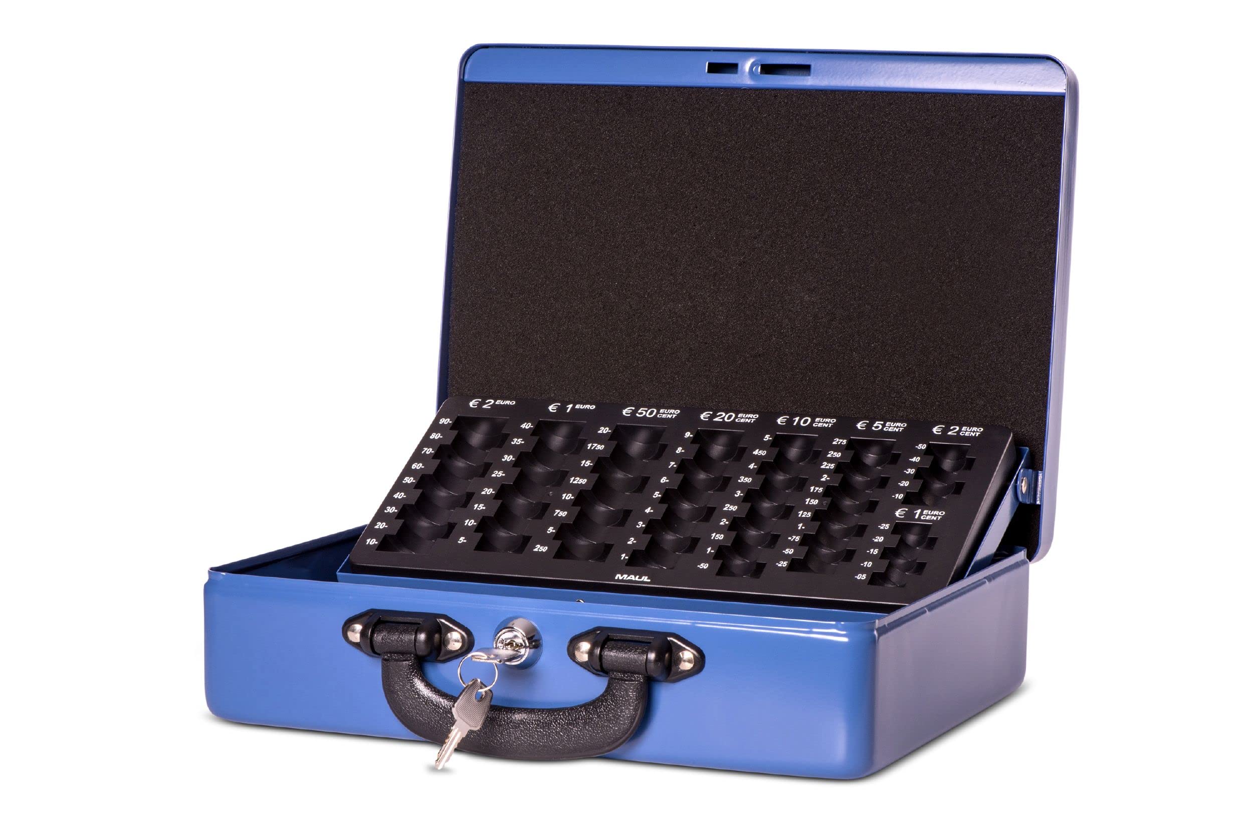 Maul Cash Box with Counting Insert, Steel, Euro Insert, Security Cylinder Lock, 300 x 245 x 93 mm, Blue