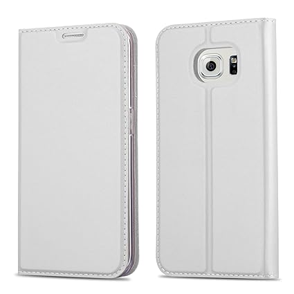 Cadorabo Hülle für Samsung Galaxy S6 Edge - Hülle in Silber – Handyhülle mit Standfunktion und Kartenfach im Metallic Look - 